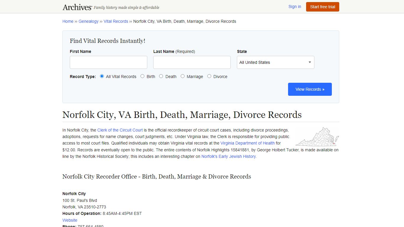 Norfolk City, VA Birth, Death, Marriage, Divorce Records